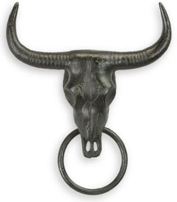 Casa Padrino Gusseisen Wandhandtuchhalter Stierschädel mit Ring Schwarz 19,6 cm - Han