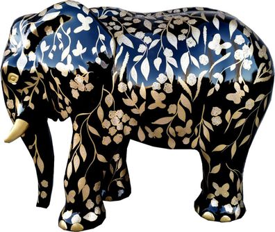 Casa Padrino Designer Deko Skulptur Elefant mit Glitzer Look Schwarz / Gold 90 x H. 7