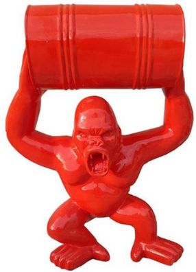 Casa Padrino Designer Deko Skulptur Gorilla Affe mit Fass Rot H. 100 cm - Wetterbestä