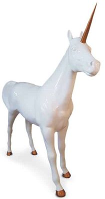 Casa Padrino Luxus Dekofigur Einhorn Pferd Weiß / Kupferfarben 245 x 56 x H. 220 cm -