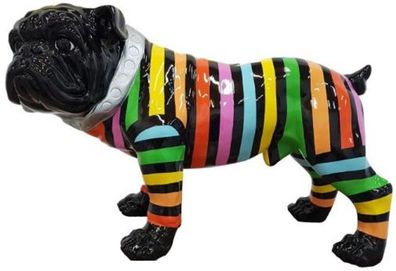 Casa Padrino Designer Dekofigur Hund Bulldogge Schwarz / Bunte Streifen 59 x H. 40 cm