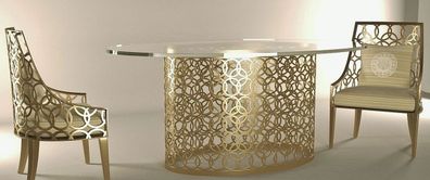 Casa Padrino Luxus Gartenmöbel Set Creme / Gold - 1 ovaler Esstisch mit Glasplatte &