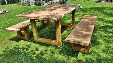Casa Padrino Gartenmöbel Set Rustikal - Tisch + 2 Garten Bänke (Länge: 200 cm) - Eich