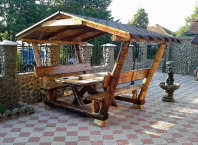 Casa Padrino Garten Pavillon Rustikal mit Tisch und 2 Gartenbänken - Eiche Massivholz
