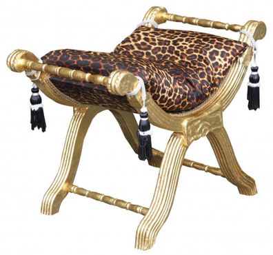 Casa Padrino Barock Sitzhocker - Kreuzhocker Leopard Muster/ Gold