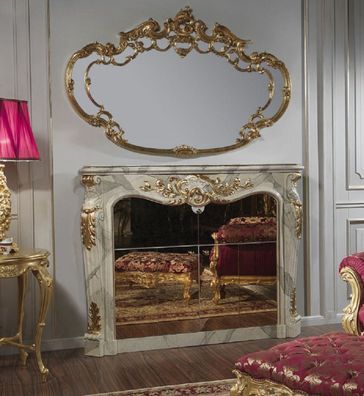 Casa Padrino Luxus Barock Möbel Set Kamin Barschrank mit Wandspiegel Grau / Gold - Ve
