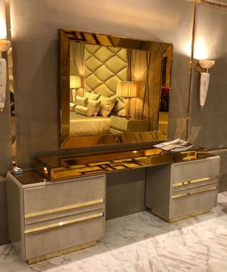 Casa Padrino Luxus Schlafzimmer Möbel Set Taupe / Gold - Edler Schminktisch mit Wands
