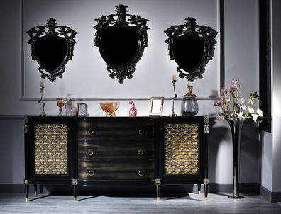 Casa Padrino Luxus Barock Wohnzimmer Set Schwarz / Gold - Kommode und 3 Wandspiegel -