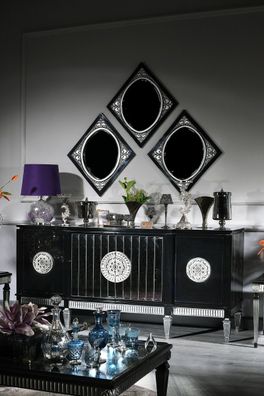 Casa Padrino Luxus Barock Wohnzimmer Set Schwarz / Silber - Sideboard und 3 Spiegel -