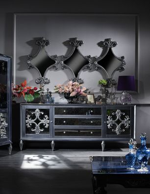 Casa Padrino Luxus Barock Wohnzimmer Set Grau / Blau / Silber - Kommode und 3 Spiegel