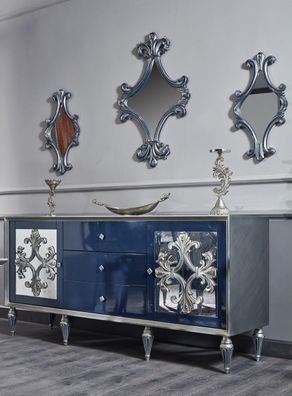 Casa Padrino Luxus Barock Wohnzimmer Set Blau / Silber - Kommode und 3 Spiegel - Baro