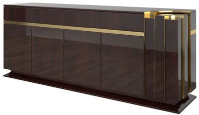 Casa Padrino Designer Sideboard Dunkelbraun Hochglanz / Gold 220 x 50 x H. 85 cm - Ed