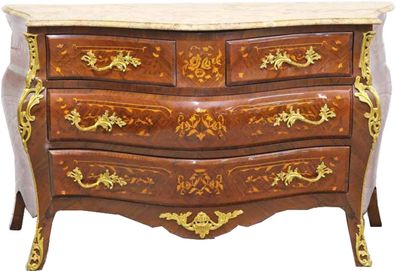 Casa Padrino Barock Kommode Braun Intarsien mit cremefarbener Marmorplatte 140 cm - M