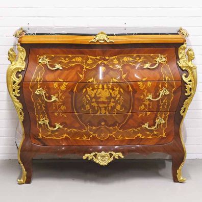 Casa Padrino Barockstil Kommode mit 3 Schubladen und Marmorplatte in braun / gold / s