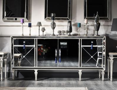 Casa Padrino Luxus Barock Kommode mit Spiegelglas Silber / Gold 205 x 55 x H. 100 cm