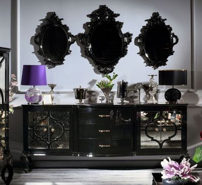 Casa Padrino Luxus Barock Wohnzimmer Set Schwarz / Gold - Prunkvolle Kommode und 3 Wa