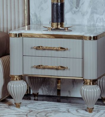 Casa Padrino Luxus Art Deco Nachtkommode Grau / Weiß / Gold 64 x 51 x H. 59 cm - Prun