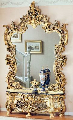 Casa Padrino Luxus Barock Spiegelkonsole mit Marmorplatte Gold / Silber / Schwarz - P