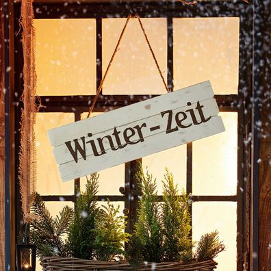 Holz Schild Weiß Deko Winter Shabby Chic Winterzeit mit Kordel Aufhängung 58cm