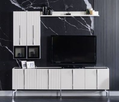 Casa Padrino Luxus Art Deco TV Schrank Weiß / Schwarz / Silber 208 x 44 x H. 64 cm -