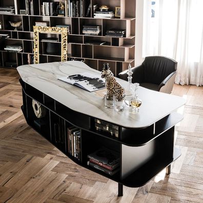 Casa Padrino Luxus Schreibtisch mit Keramikplatte Schwarz / Weiß-Gold 235 x 99 x H. 7