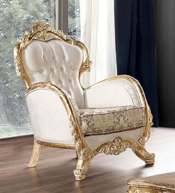 Casa Padrino Luxus Barock Wohnzimmer Sessel Weiß / Mehrfarbig / Antik Gold - Prunkvol