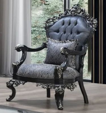 Casa Padrino Luxus Barock Sessel Blau / Grau / Schwarz / Silber - Prunkvoller Wohnzim