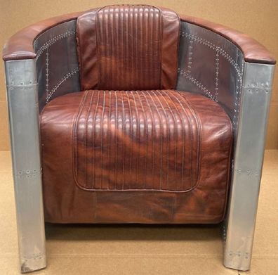 Casa Padrino Luxus Art Deco Leder Sessel Vintage Braun / Silber - Aluminium Wohnzimme