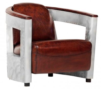 Casa Padrino Echt Leder Art Deco Sessel Chrom / Braun - Club Sessel - Lounge Sessel -