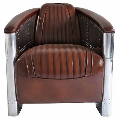 Casa Padrino Luxus Art Deco Echtleder Sessel Dunkelbraun / Silber 90 x 72 x H. 68 cm