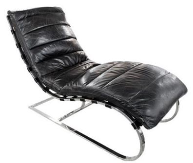 Casa Padrino Luxus Echtleder Liegesessel Schwarz / Silber 150 x 61 x H. 81 cm - Wohnz