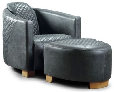 Casa Padrino Luxus Leder Sessel mit Fußhocker Vintage Blau / Hellbraun - Echtleder Wo