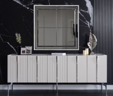 Casa Padrino Luxus Art Deco Sideboard Weiß / Schwarz / Silber 208 x 44 x H. 84 cm - E