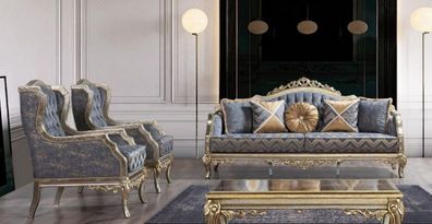 Casa Padrino Luxus Barock Wohnzimmer Set Blau / Silber / Gold - 2 Barock Sofas mit Mu