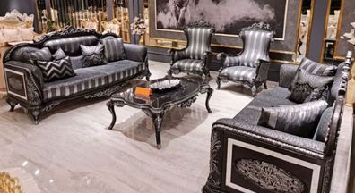 Casa Padrino Luxus Barock Wohnzimmer Set Grau / Schwarz / Silber - 2 Barock Sofas & 2