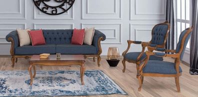 Casa Padrino Luxus Barock Wohnzimmer Set Blau / Braun - 2 Barock Sofas & 2 Barock Ses