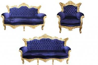 Casa Padrino Barock Wohnzimmer Set Royal Blau / Gold - 3er Sofa + 2er Sofa + 1 Sessel
