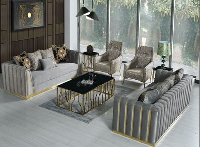Casa Padrino Luxus Wohnzimmer Set Grau / Gold - 2 Sofas & 2 Sessel & 1 Couchtisch - M