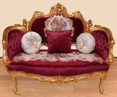 Casa Padrino Barock Sofa Bordeauxrot / Mehrfarbig / Gold - Handgefertigtes Wohnzimmer