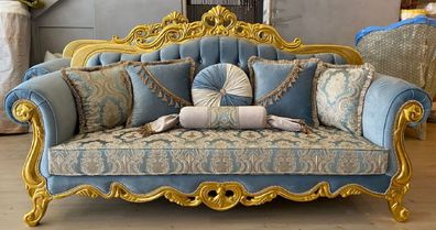 Casa Padrino Luxus Barock Sofa Hellblau / Beige / Gold - Prunkvolles Wohnzimmer Sofa