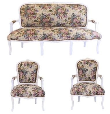 Casa Padrino Barock Sitzbank Set Blumen Muster / Antik Stil Weiß - 1 Sofa + 2 Sessel