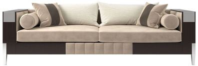 Casa Padrino Luxus Art Deco Samt Sofa Beige / Dunkelbraun / Silber 257 x 84 x H. 83 c