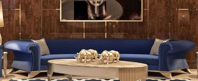 Casa Padrino Luxus Art Deco Sofa Blau / Gold - Gebogenes Wohnzimmer Sofa - Hotel Sofa