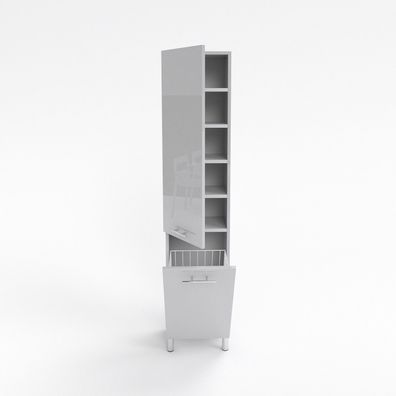 Badezimmerschrank mit Wäschekorb weiß hochglanz SW3 40 , 188x40 cm metallgriff