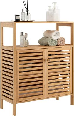 Badezimmerschrank Bambus, Badschrank mit 2 Lamellentüren 64 x 27,5 x 80 cm Badezimmer