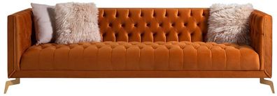 Casa Padrino Luxus Chesterfield 3er Sofa Orange / Messingfarben 240 x 85 x H. 75 cm -