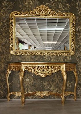 Riesige Casa Padrino Barock Spiegelkonsole Gold mit grüner Marmorplatte - Wohnzimmer