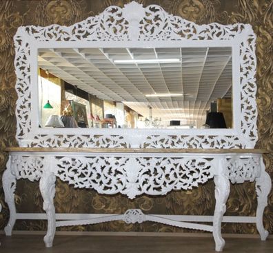 Riesige Casa Padrino Barock Spiegelkonsole Weiß mit cremefarbener Marmorplatte - Luxu