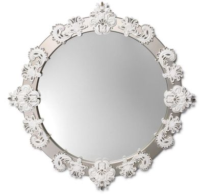 Casa Padrino Designer Wandspiegel Silber / Weiß Ø 124 cm - Luxus Spiegel mit handgefe