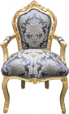Casa Padrino Barock Esszimmer Stuhl Royalblau Muster / Gold mit Armlehnen - Möbel